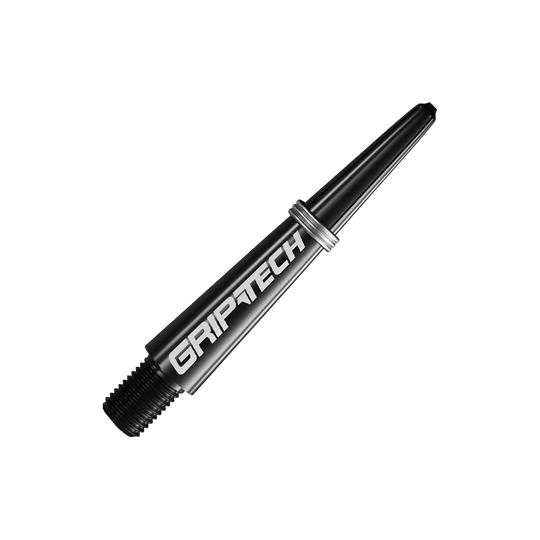 Tiges GOAT Griptech - Noires Das Bild zeigt einen schwarzen Dart-Schaft mit der Aufschrift "GRIPTECH". Der Schaft wirkt robust und hat metallische Akzente.