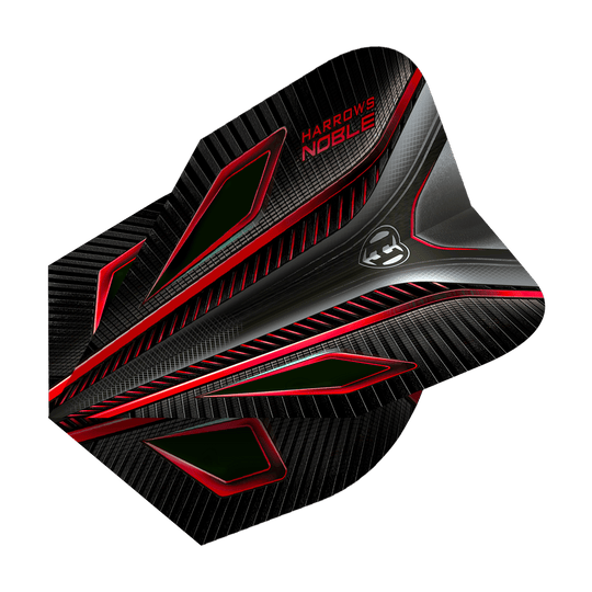 HR6_Harrows_Noble_Red_Standard_Flights_2 Das Bild zeigt die Harrows Noble Red Standard Flights für Darts. Sie sind überwiegend schwarz mit roten und silbernen Akzenten sowie einem modernen Design.