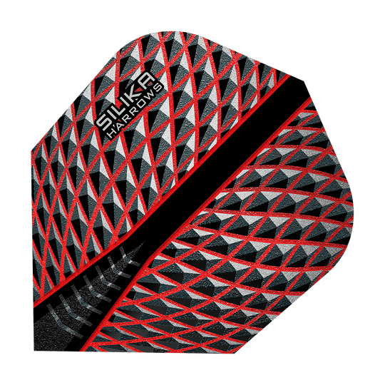 HR80_Harrows_Silika_Red_No6_Flights_1bnefdF3ncO2HY Das Bild zeigt das Produkt "Harrows Silika Red No6 Flights". Das Flight-Design ist überwiegend rot, schwarz und silber mit einem geometrischen Muster.