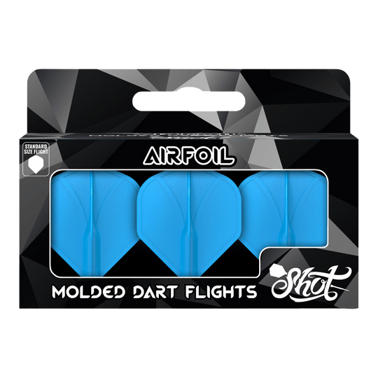 Profil aérodynamique moulé n°2 Vols standard Das Bild zeigt eine Packung mit drei blauen, geformten Dart-Flights der Marke Shot. Auf der Verpackung steht "Airfoil" und "Molded Dart Flights".