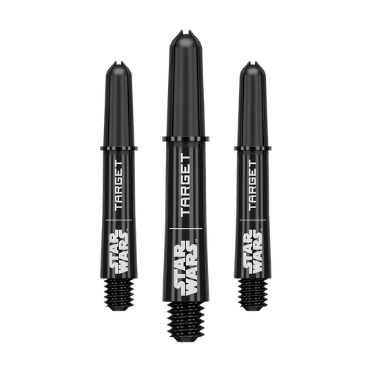Abgebildet ist das Produkt mit dem Dateinamen 380420_Target_StarWars_ProGrip_Shafts_Schwarz_Short_34mm_1Set. Vermutlich handelt es sich um schwarze ProGrip Shafts für Darts, Modell Star Wars, in kurzer Ausführung.