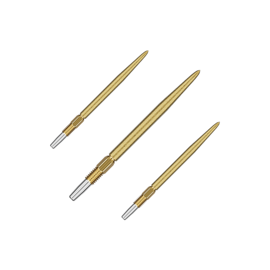 Pointes de fléchettes Target Swiss Point SLK - or Das Bild zeigt drei goldfarbene Dartspitzen, die nebeneinander liegen. Die Spitzen haben ein schlankes, glänzendes Design mit silbernen Enden.