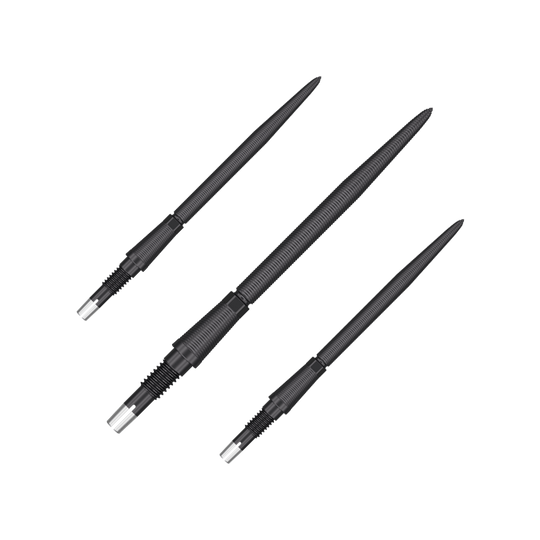 Target Swiss Storm Nano Point Dartspitzen - Schwarz Das Bild zeigt drei schwarze Dartspitzen, die nebeneinander liegen. Sie haben eine feine Riffelung und sind jeweils 35 mm lang.