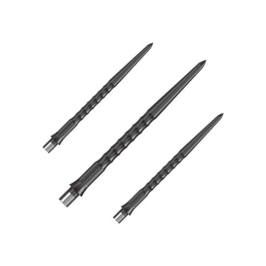 Pointes Caliburn System Steeldart - Ripple - NoLip - Noires Dargestellt ist ein Set schwarzer Steeldartspitzen mit Ripple NoLip Design, 36 mm lang. Diese sind Bestandteil des Caliburn Evo Systems.