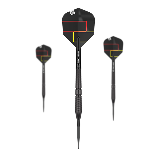 Fléchettes en acier Target Gabriel Clemens Black Edition Auf dem Bild sind drei schwarze Steeldarts der Marke „Target Gabriel Clemens Black Edition“ zu sehen. Die Flights sind in Schwarz gehalten und mit roten und gelben Linien verziert.