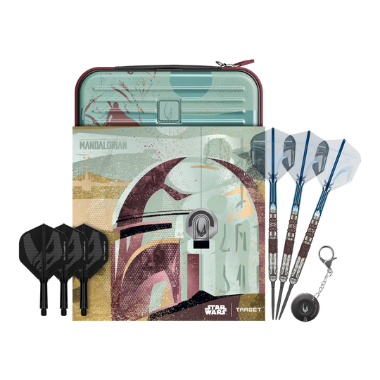 Fléchettes en acier Target Star Wars Mandalorian 95 à pointe suisse Abgebildet sind Target Star Wars Mandalorian 95 Swiss Point Steeldarts. Diese Darts haben ein einzigartiges Mandalorian-Design.