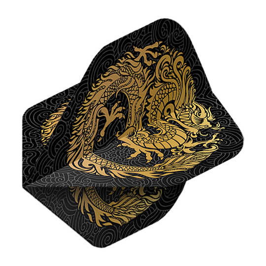 Vols de Pentathlon Dragon noir Auf dem Bild ist ein Pentathlon Dragon 2 Standard Flight zu sehen. Das Flight ist schwarz und mit einem goldenen Drachen verziert.