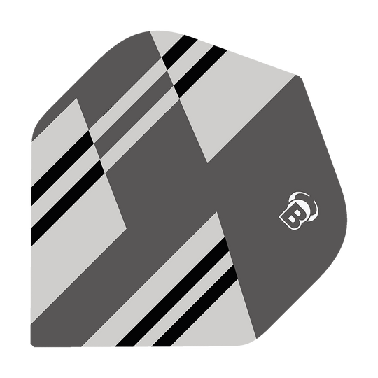 Vols standard Bulls B-Star Tac No2 Das Bild zeigt das Produkt "Bulls B-Star Tac No2 Standard Flights". Das Flight ist grau mit schwarzen und weißen Streifen und hat ein modernes, geometrisches Design.