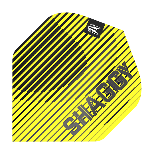 Das Bild zeigt ein Dartflight mit gelb-schwarzen diagonalen Streifen. Auf dem Flight steht in großen Buchstaben das Wort "SHAGGY".