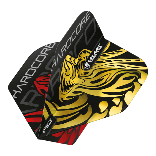 Vols standard Red Dragon Jonny Clayton Gold Red Yin Yang Das Bild zeigt die Red Dragon Jonny Clayton Gold Red Yin Yang Standard Flights mit einem auffälligen goldenen und roten Design. Die Flights haben ein Hardcore-Branding und einen stilisierten Yin-Yang-Druck.