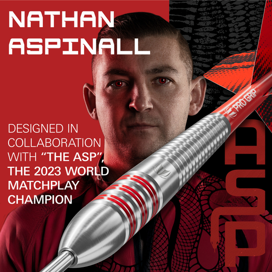 Fléchettes Target Nathan Aspinall en laiton et acier - 22 g Abgebildet sind die Target Nathan Aspinall Brass Steeldarts, Gewicht 22g. Dieses Produkt wird speziell für Steeldartspieler angeboten.