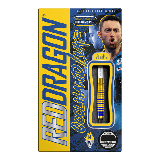 Fléchettes souples Red Dragon Luke Humphries TX3 Gold SE - 20 g Die Verpackung zeigt die "Red Dragon Luke Humphries TX3 Gold SE Softdarts - 20g". Auf der Box sind ein Dartpfeil, das Bild eines Spielers und auffällige gelbe und blaue Grafiken zu sehen.