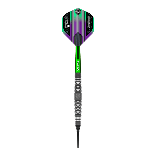 Fléchettes souples Winmau Simon Whitlock à poignée atomisée Das Bild zeigt den Winmau Simon Whitlock Atomised Grip Softdart. Der Dartpfeil hat grüne und schwarze Akzente sowie eine strukturierte Griffzone.
