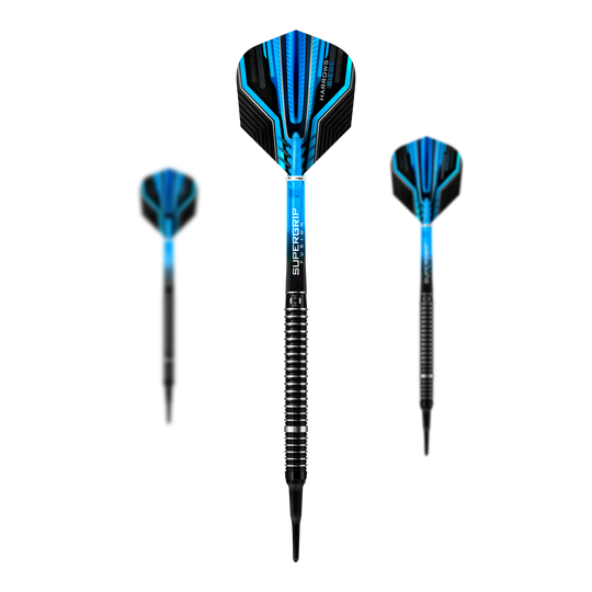 Fléchettes de siège Harrows Softdarts Das Bild zeigt drei Softdarts des Modells "Harrows Siege" mit blauen und schwarzen Flights. Die Spitzen sind schwarz und die Schächte haben ein silber-schwarzes Ringmuster für besseren Halt.