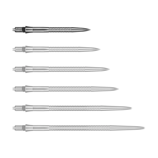 Pointes de fléchettes Caliburn EZ-EVO - Rainurées - Argent Das Bild zeigt eine silberne Dartspitze mit Rillen. Die Dartspitze ist 28 mm lang.