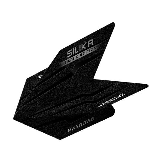 Vols de vélo Harrows Silika Black Edition Das Bild zeigt die Harrows Silika Black-Edition Velos Flights. Die Flights sind schwarz mit silbernen Schriftzügen und haben ein modernes, eckiges Design.