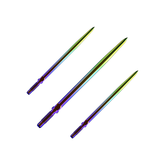 Pointes de fléchettes convertibles Bulls NL - Lisse - Arc-en-ciel Ein Bild mit dem Dateinamen BU57716_BullsNL_Convertible_Points_Smooth_Rainbow_36mm_1Set. Es zeigt wahrscheinlich ein Set von Dartspitzen in Regenbogenfarben.