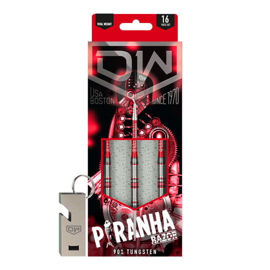 Fléchettes en acier DW Piranha Razor 01 Das Bild zeigt die Verpackung der "DW Piranha Razor 01 Steeldarts". In der Packung sind drei Darts aus 90% Tungsten und ein silberner Schlüsselanhänger enthalten.