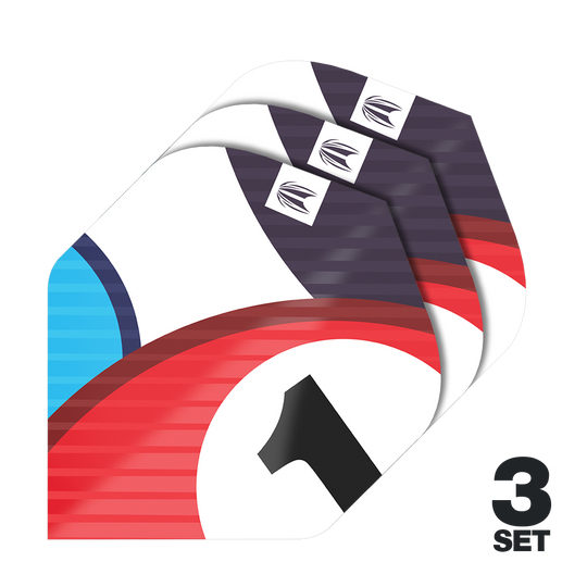 Ailettes standard Target Pro Ultra Chicane Blue No2 - 3 jeux Das Bild zeigt drei Sätze von Target Pro Ultra Chicane Blue No2 Standard Flights. Die Flights sind bunt gestaltet und rechts unten steht "3 Set".