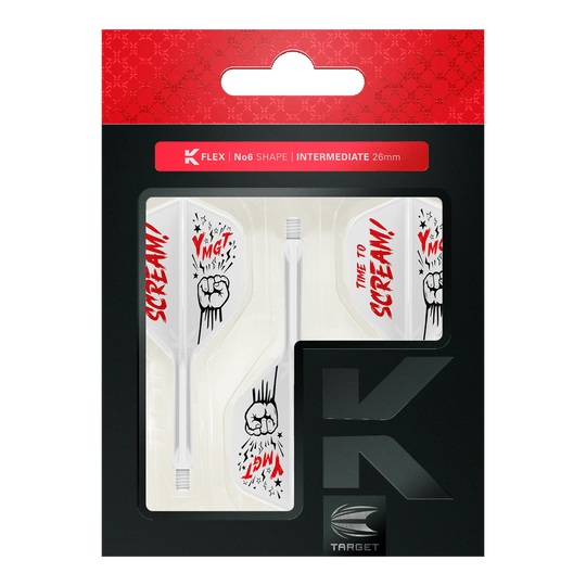 Système d'arbre de vol K-Flex Scream No6 de Target Japan Das Bild zeigt das Produkt „Target Japan K-Flex Scream No6 Flight-Shaft-System“ in seiner Verpackung. Die Flights sind weiß mit roten und schwarzen Grafiken und dem Schriftzug „TIME TO SCREAM!“.