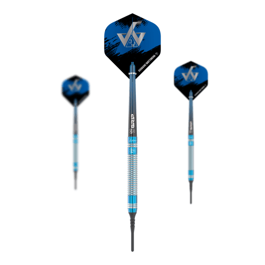 Fléchettes souples Bulls Jermaine Wattimena Génération 3 - 20 g Das Bild zeigt die Bulls Jermaine Wattimena Generation 3 Softdarts mit einem Gewicht von 20g. Die Darts haben ein blau-silbernes Design mit schwarzen und blauen Flights.