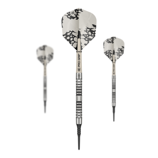 Fléchettes souples Target EXO 10 Das Bild zeigt drei Target EXO 10 Softdarts mit silbernen Schäften und schwarz-weißen Flights. Die Darts haben eine strukturierte Griffzone und sind für Präzision im Spiel ausgelegt.
