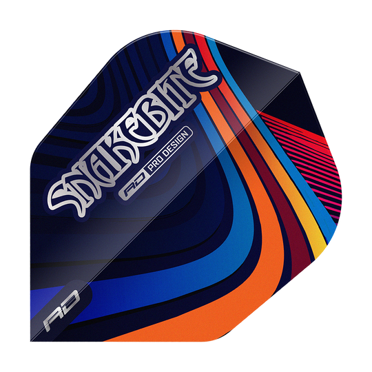 Ailettes Red Dragon Peter Wright Snakebite Multi Swirl No6 Das Bild zeigt ein Dart-Flight mit dem Aufdruck "Snakebite" und farbenfrohen, geschwungenen Linien. Das Design ist modern und hebt sich durch seine bunten Muster hervor.