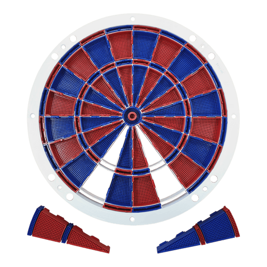 Pièces de rechange Löwen Dart 82 segments et ensemble d'araignées Auf dem Bild ist ein Ersatzteil-Set für eine elektronische Dartscheibe zu sehen. Die Segmente sind abwechselnd rot und blau gefärbt und werden von einem weißen Rahmen gehalten.