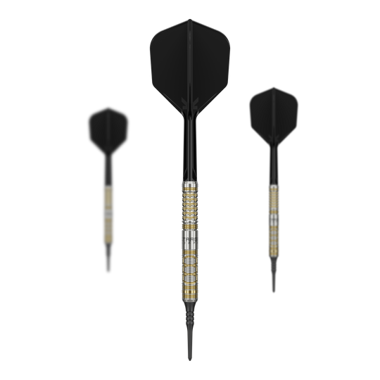 Fléchettes souples Target Japan Black Marque Reyn GEN2 - 17,5 g Das Bild zeigt drei Softdarts des Modells "Target Japan Black Marque Reyn GEN2" mit einem Gewicht von 17,5g. Die Darts haben schwarze Flights und einen metallisch gold-silbernen Schaft.