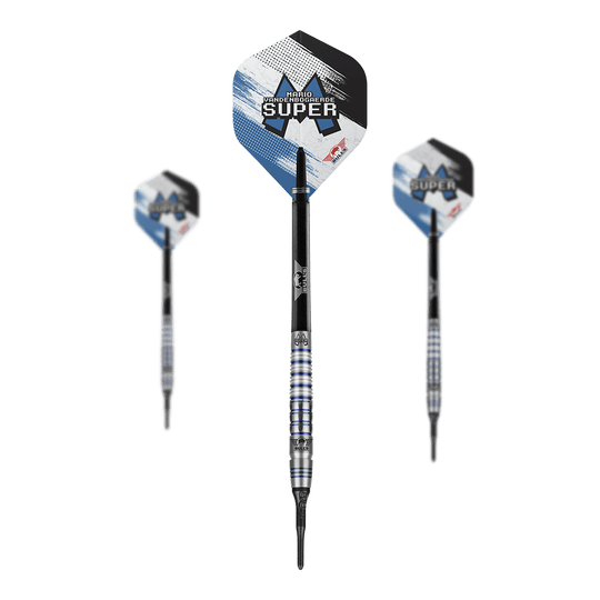 Fléchettes souples 90 % Mario Vandenbogaerde Bulls NL - 20 g Auf dem Bild sind drei Softdarts des Modells "Bulls NL Mario Vandenbogaerde 90% Softdarts - 20g" zu sehen. Die Darts haben silberne und blaue Akzente mit dem Namen des Spielers auf den Flights.