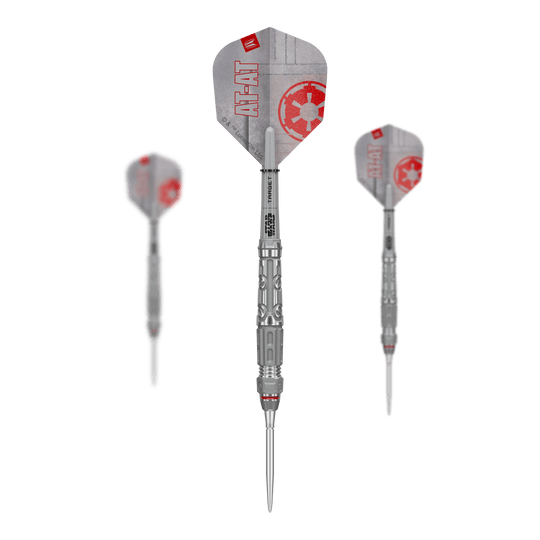 Fléchettes en acier Target Star Wars AT-AT Swiss Point Auf dem Bild ist das Produkt Target Star Wars AT-AT Swiss Point Steeldarts im Set zu sehen. Es zeigt die Zusammenstellung der Dartpfeile in ihrer Verpackung.