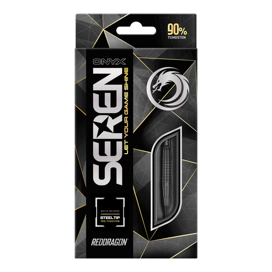 Fléchettes en acier Onyx Seren 4 du Dragon Rouge Das Bild zeigt die Verpackung der "Red Dragon Seren 4 Onyx Steeldarts". Auf der Verpackung steht, dass die Darts aus 90% Tungsten bestehen.
