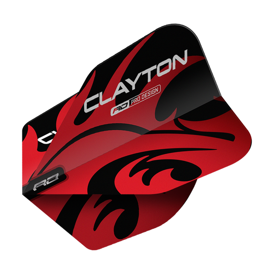 Dragon Rouge Jonny Clayton Rouge Noir N°6 Vols Das Bild zeigt ein Dart-Flight mit dem Produktnamen "Red Dragon Jonny Clayton Red Black No6 Flights". Das Flight ist rot und schwarz gestaltet und trägt den Schriftzug „CLAYTON“.