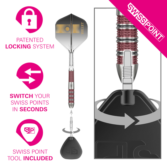Fléchettes en acier à pointe suisse Target Stephen Bunting 95K Das Bild zeigt die Target Stephen Bunting 95K Swiss Point Steeldarts mit einem patentierten Verriegelungssystem. Mit dem beiliegenden Swiss Point Tool lassen sich die Spitzen in wenigen Sekunden wechseln.
