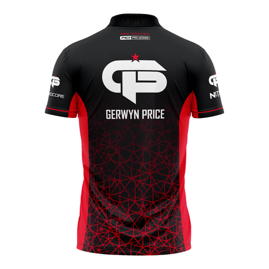 Red Dragon Gerwyn Price Polo rouge Tour Dart Dies ist ein schwarzes und rotes Dartshirt mit dem Namen "Gerwyn Price" auf dem Rücken. Auf dem Shirt befindet sich ein großes weißes Logo und geometrische rote Muster.