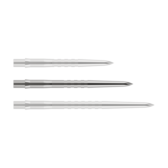 Embouts de fléchettes Mission Caliburn EVO - Rainurés - Argent Auf dem Bild sind drei silberne, gerillte Stahlspitzen für Dartpfeile zu sehen. Sie liegen waagerecht und parallel zueinander vor weißem Hintergrund.