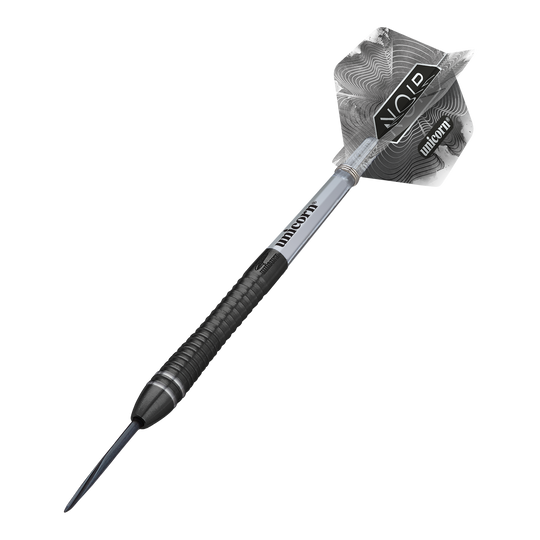 Gary Anderson, champion du monde de la licorne, fléchettes Steeldarts Noir Phase 6 Das Bild zeigt einen Steeldart aus der Produktreihe „Unicorn World Champion Gary Anderson Noir Phase 6“. Der Dart hat ein modernes, schwarzes Design mit silbernen Akzenten und individuell gestaltetem Flight.