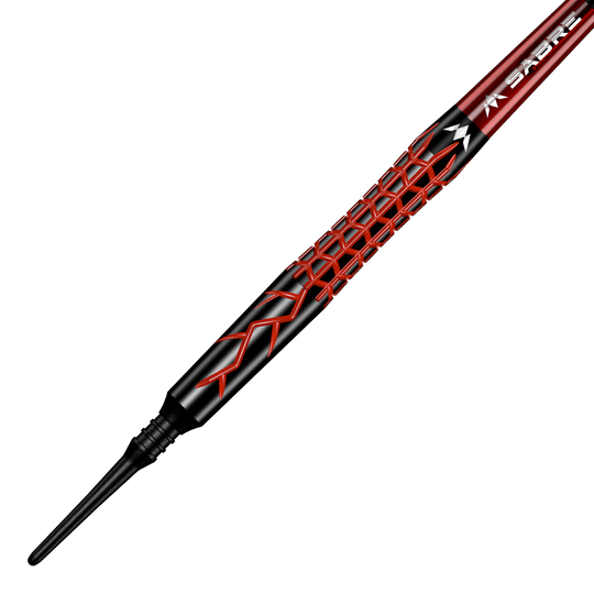 Fléchettes en mousse Mission Lava - 20 g Das Bild zeigt den Mission Lava Softdart mit einem Gewicht von 20 Gramm. Der Dartpfeil hat ein auffälliges schwarzes und rotes Design mit geometrischem Muster auf dem Griff.