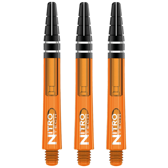 Das Bild zeigt drei orangefarbene RedDragon Nitrotech Shafts. Sie sind speziell für Dartpfeile entworfen und haben schwarze Spitzen.