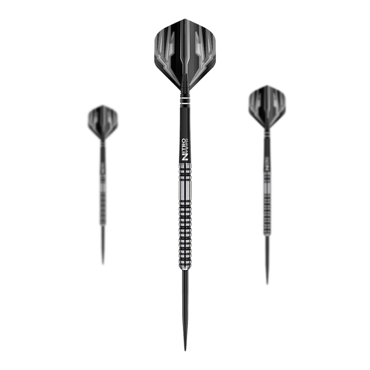 Das Bild zeigt drei Steeldarts des Modells "Red Dragon Dragonfly 3". Die Darts haben ein schwarz-silbernes Design mit strukturiertem Griff.