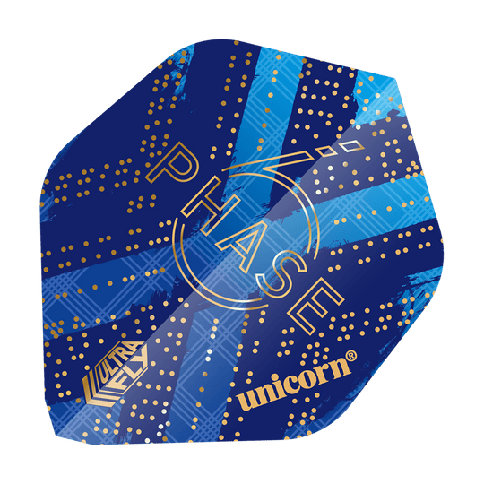 69453_Unicorn_World_Champion_Gary_Anderson_Phase_6_AR1_Flights_1 Das Bild zeigt ein Dart-Flight mit einem blauen Design und goldenen Punkten. Auf dem Flight stehen die Wörter "PHASE", "ULTRA FLY" und "unicorn".