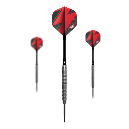 Fléchettes en acier rouge Bulls NL Lightning Das Bild zeigt drei Steeldarts mit silbernen Griffen und roten Flights. Es handelt sich um das Produkt "Bulls NL Lightning Red Steeldarts".