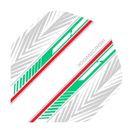 Das Bild zeigt einen Pentathlon White Green Red No2 Standard Flight für Darts. Das Design besteht aus weißen, grünen und roten Streifen sowie grauen Pfeilmustern auf weißem Hintergrund.