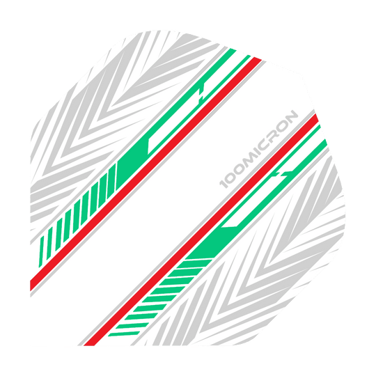 Vols de Pentathlon blanc/vert/rouge Das Bild zeigt einen Pentathlon White Green Red No2 Standard Flight für Darts. Das Design besteht aus weißen, grünen und roten Streifen sowie grauen Pfeilmustern auf weißem Hintergrund.