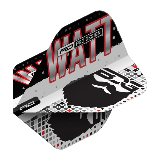 Vols Red Dragon Hardcore Jason Watt BDG Premium No2 Standard Das Bild zeigt die Red Dragon Hardcore Jason Watt BDG Premium No2 Standard Flights. Das Design ist in Schwarz, Weiß und Rot gehalten und trägt den Schriftzug "WATT" sowie eine stilisierte Grafik.