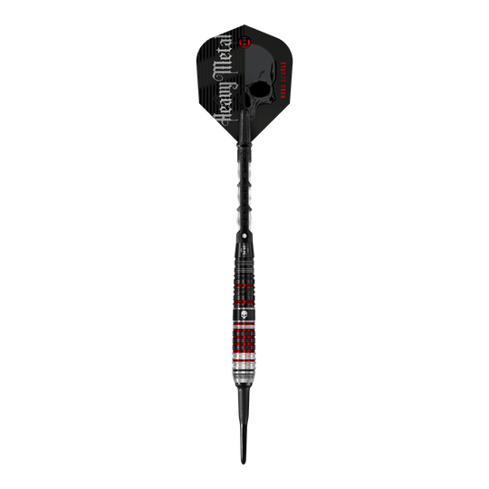 Fléchettes souples Ryan Searle Heavy Metal Series 2 de Harrow Das Bild zeigt einen Harrows Ryan Searle Heavy Metal Series 2 Softdart. Der Dartpfeil hat ein auffälliges Design mit schwarzen, roten und silbernen Akzenten sowie der Aufschrift "Heavy Metal" auf dem Flight.