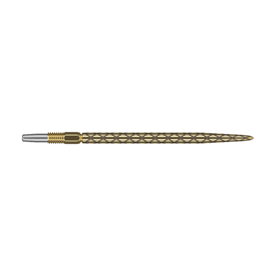Pointes de fléchettes Target Swiss Diamond Pro Gold Das Bild zeigt eine goldene Dartspitze mit einem diamantförmigen Muster. Die Spitze ist schmal und hat am vorderen Ende einen silbernen Bereich.