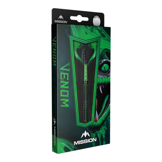 Fléchettes souples Mission Venom - 20 g Die Abbildung zeigt die Verpackung der "Mission Venom Softdarts - 20g". Das Design ist in Grün gehalten und zeigt einen Schlangenkopf sowie den Schriftzug "Venom".