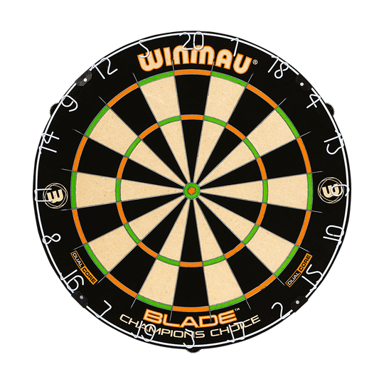3023_Winmau_Champions_Choice_DualCore_Dartboard_1yDetmwaptBObx Das Bild zeigt eine Winmau Champions Choice DualCore Dartscheibe. Die Scheibe hat schwarze, beige, grüne und orangefarbene Felder mit gut lesbaren Zahlen am Rand.