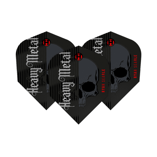 Vols de la série 2 de Heavy Metal de Ryan Searle de Harrow Das Bild zeigt drei Dartflights der Serie "Harrows Ryan Searle Heavy Metal Series 2". Die Flights sind schwarz mit einem Totenkopf-Design und den Aufschriften „Heavy Metal“ und „Ryan Searle“.